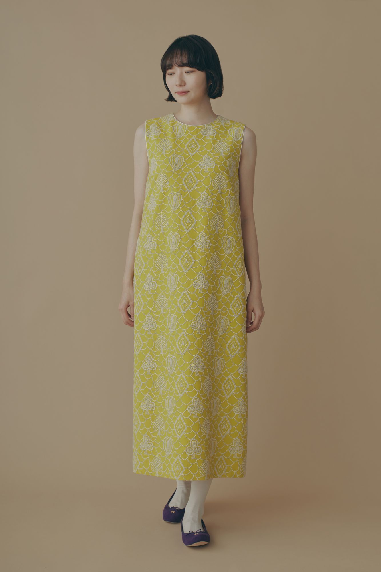 ミナペルホネン ノースリーブ ワンピース 幾何学模様 グリーン系 40